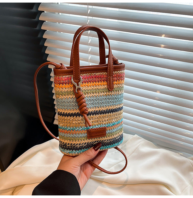 Rainbow Woven Tote Bag Stylish Summer Crossbody Bag