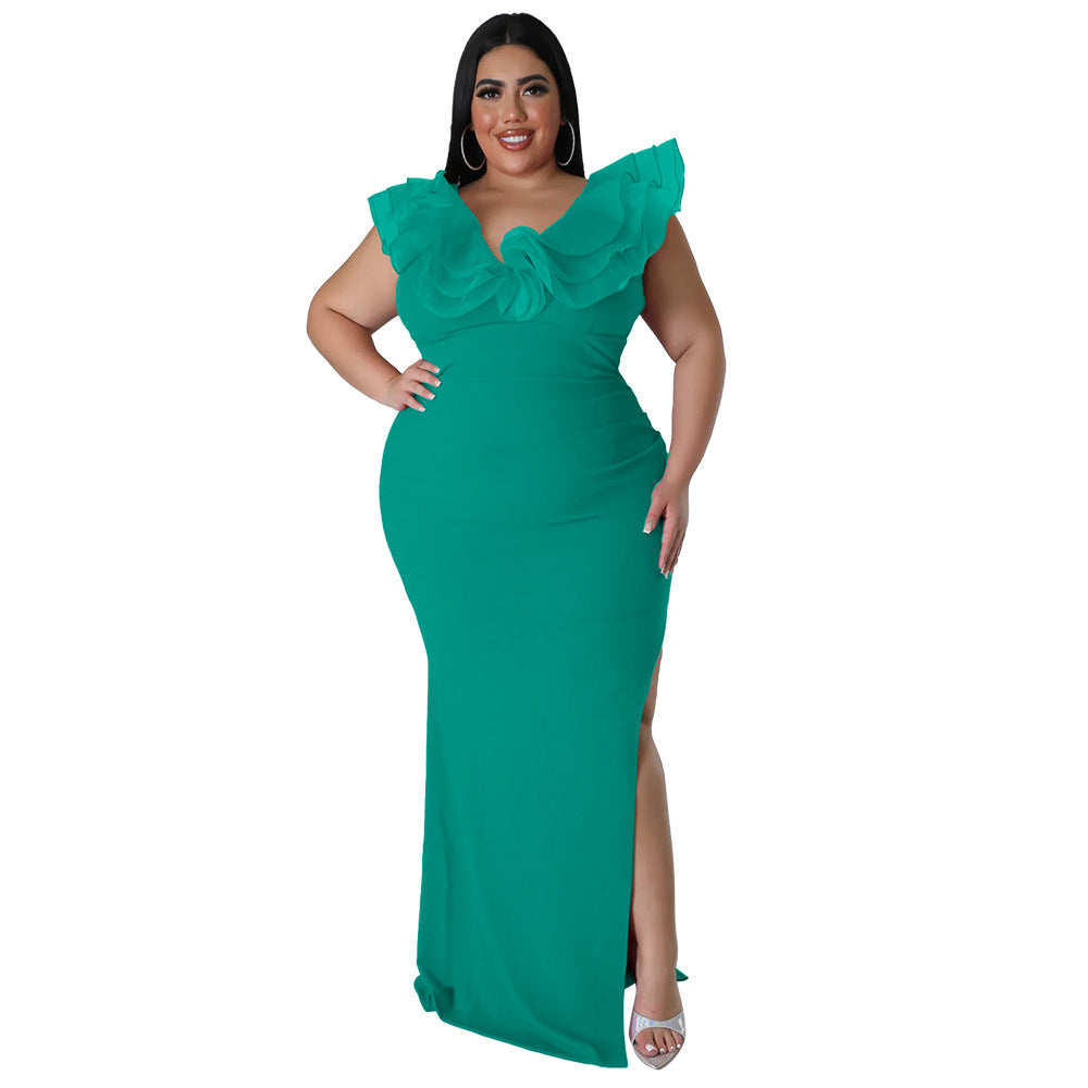 Solid Color Bodycon Dress Elegant V-Neck Long Dress