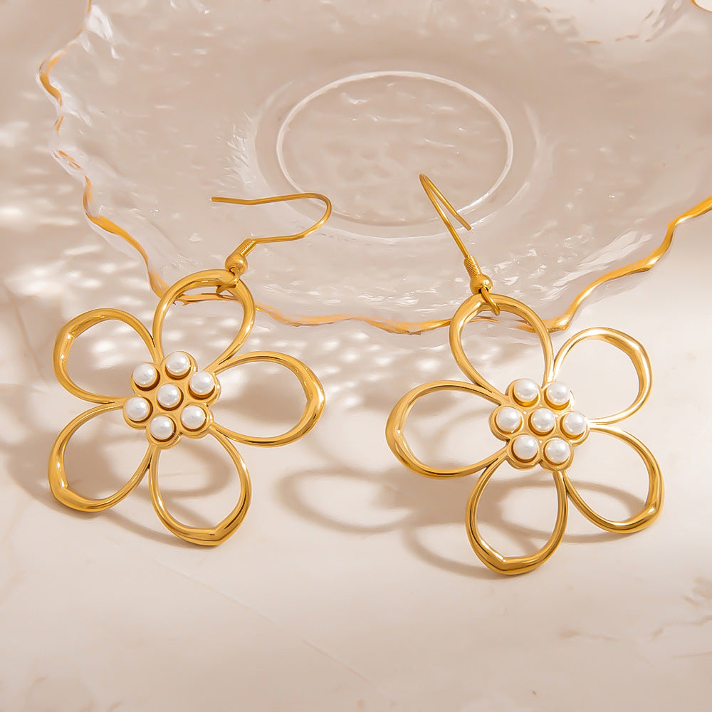 Stylish Floral Hollow Stainless Steel Pearl Drop Earrings