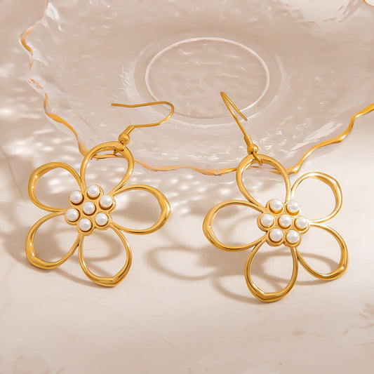 Stylish Floral Hollow Stainless Steel Pearl Drop Earrings