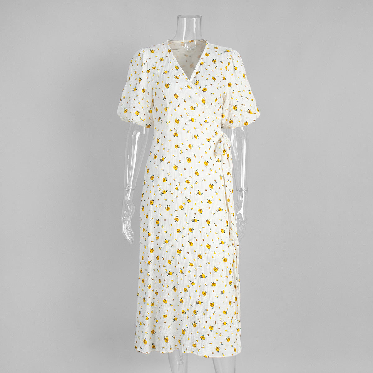 Floral Print Cotton A-Line Dress with Puff Sleeves