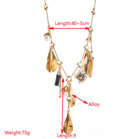 Bold Pearl Leaf Alloy Necklace Trendy Flower Geometric Pendant
