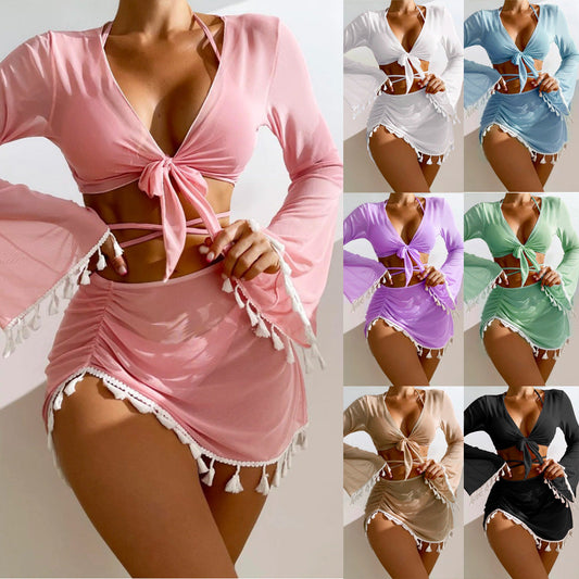 New Conservative Four Piece Set Solid Color Tassel Top, Mesh Short Skirt, Bikini For Women