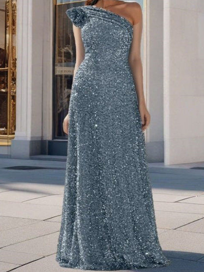 Silver Sequin A-Line Maxi Dress With One Shoulder Design