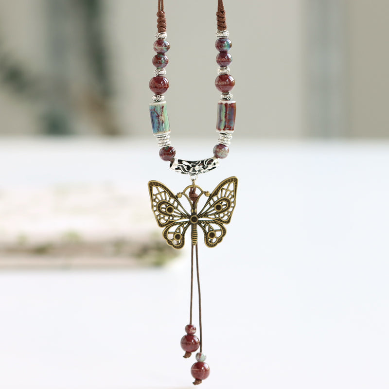 Ethnic Style Ceramic Long Sweater Chain Women'S Antique Hanging Vintage Chinese Style Butterfly Necklace