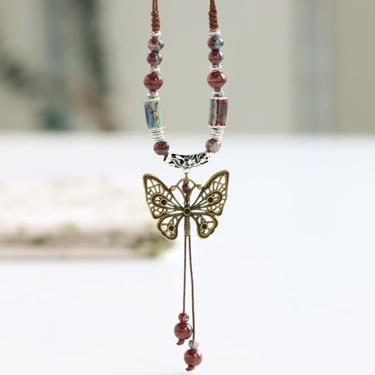 Ethnic Style Ceramic Long Sweater Chain Women'S Antique Hanging Vintage Chinese Style Butterfly Necklace