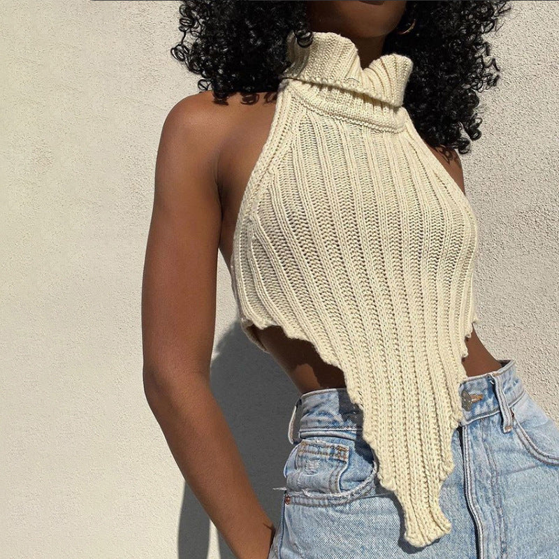 Sexy Backless Solid Color Turtleneck Irregular Knitted Vest