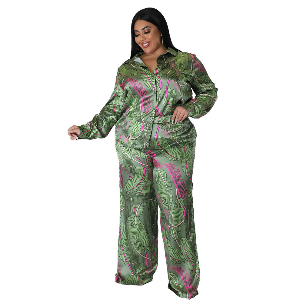 Plus Size Floral Print Silk Feel Long Sleeve Outfit
