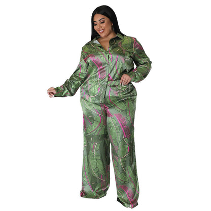 Plus Size Floral Print Silk Feel Long Sleeve Outfit