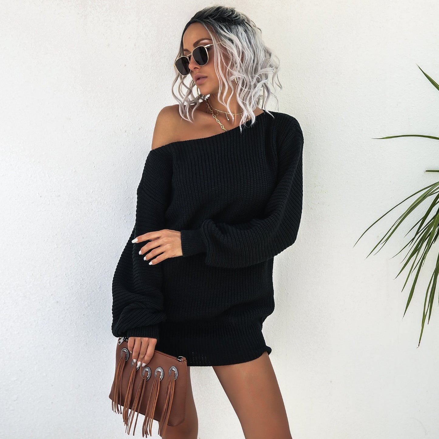 Autumn/Winter Casual Off-The-Shoulder Lantern Sleeve Knitted Sweater Dress