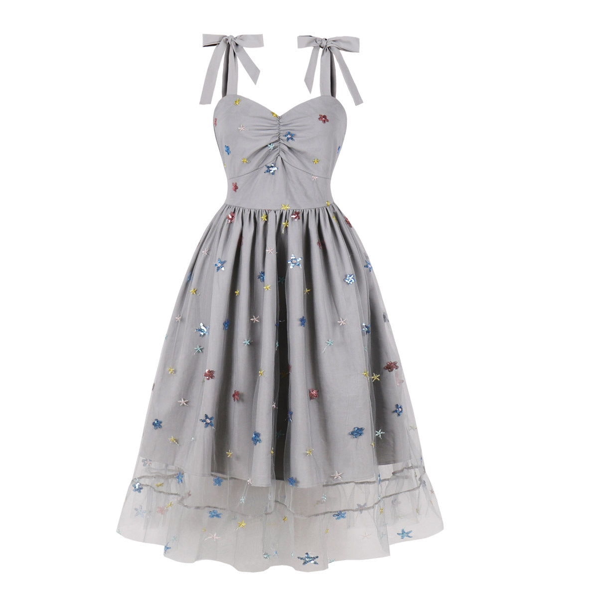 Elegant High-Waisted Tulle Dress with Embroidery