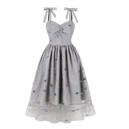 Elegant High-Waisted Tulle Dress with Embroidery
