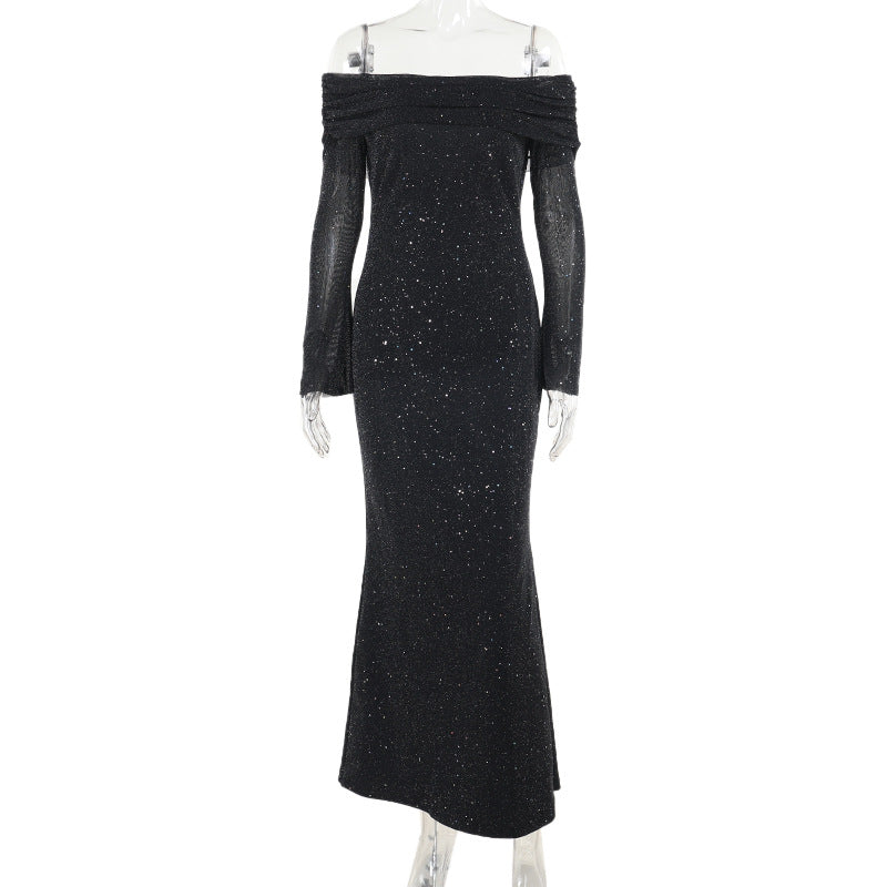 Sleek Black Sequined Midi Dress Off-Shoulder Bodycon Style