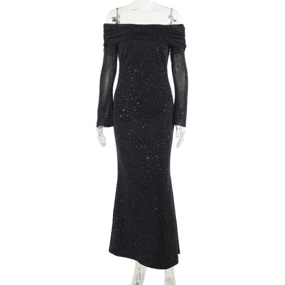 Sleek Black Sequined Midi Dress Off-Shoulder Bodycon Style