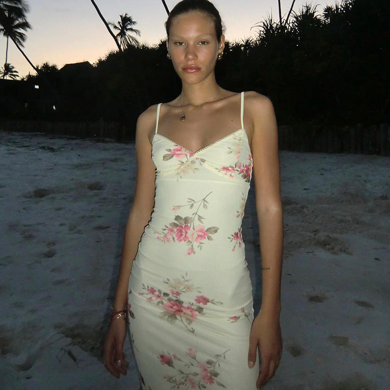 Floral Print U-Neck Bodycon Maxi Dress for Women