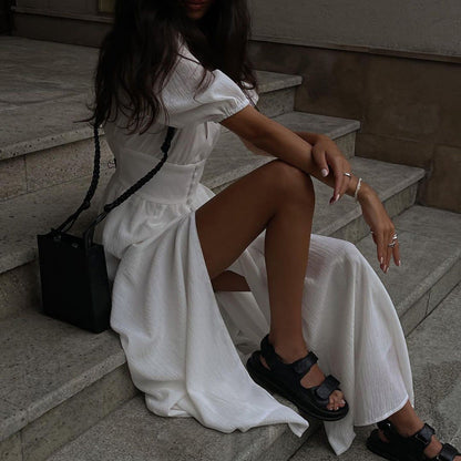Elegant Puff Sleeve Fitted Maxi Dress with Slit