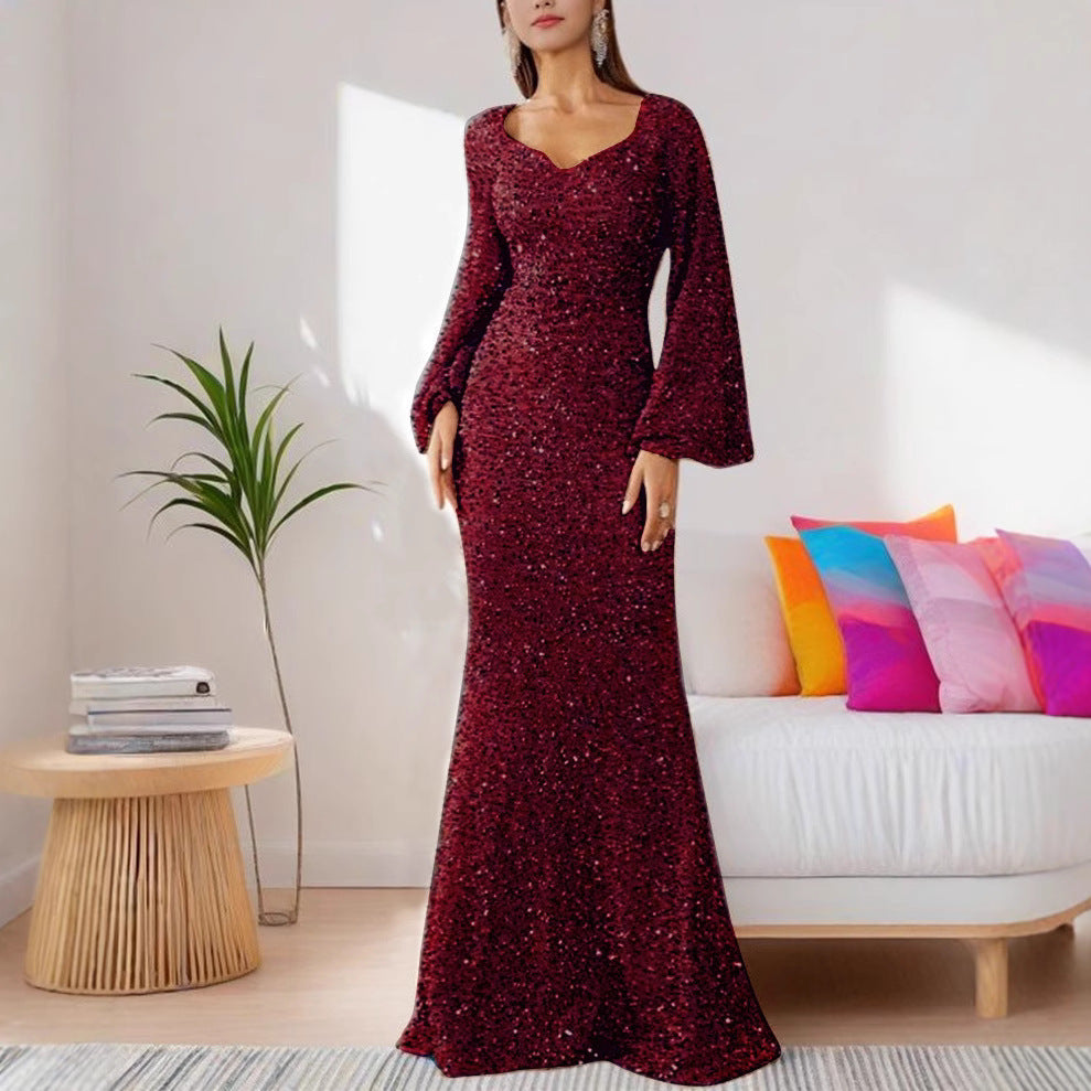 Stylish V-Neck Sequin Midi Dress with Bell Sleeves