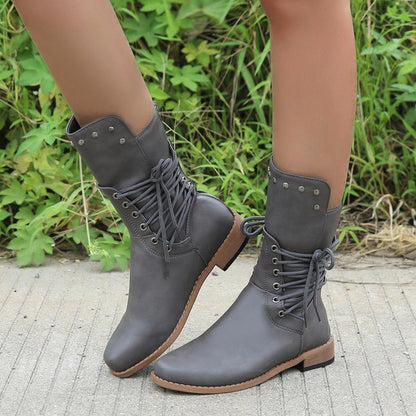 Middle Boots Women'S Booties Retro Martin Boots Rivet Large Size Women'S Boots