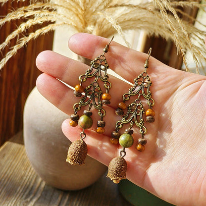 Vintage-Inspired Bohemian Hollow Bead Earrings with Natural Dried Fruits