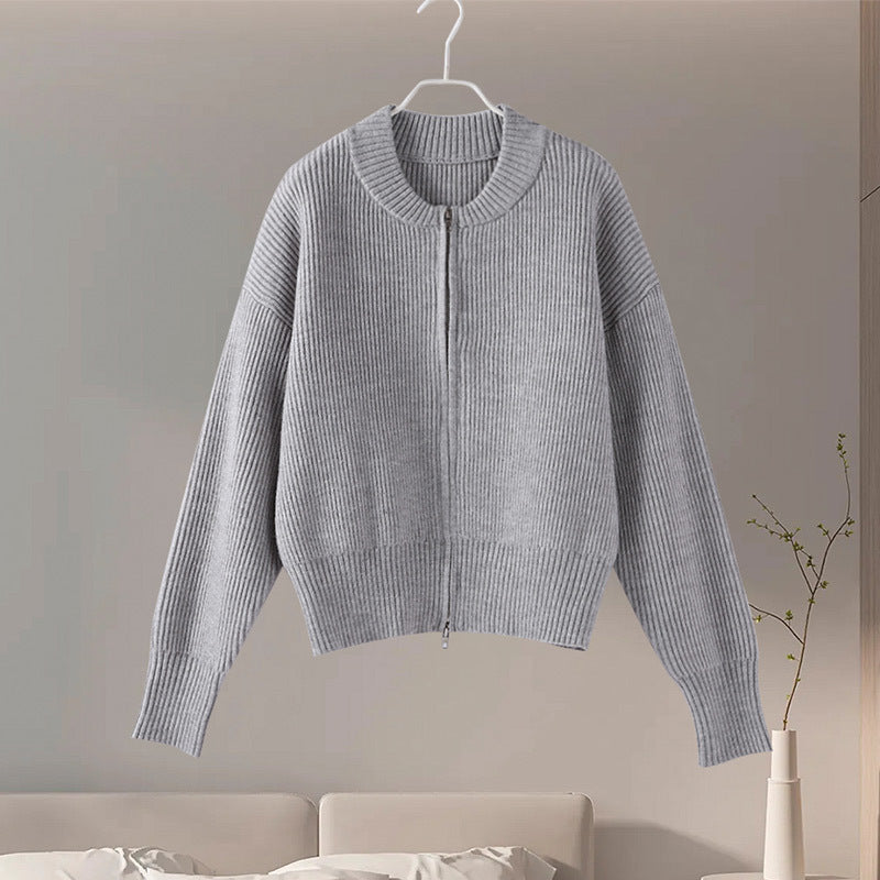 Casual Solid Color Zip Up Knit Cardigan
