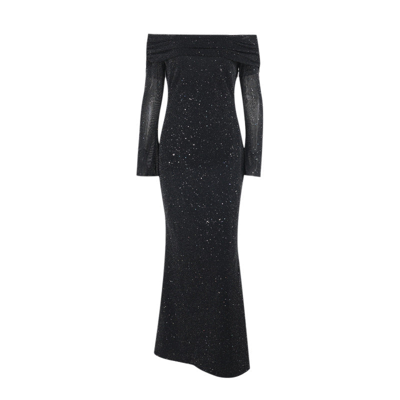 Sleek Black Sequined Midi Dress Off-Shoulder Bodycon Style