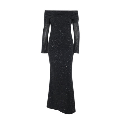 Sleek Black Sequined Midi Dress Off-Shoulder Bodycon Style