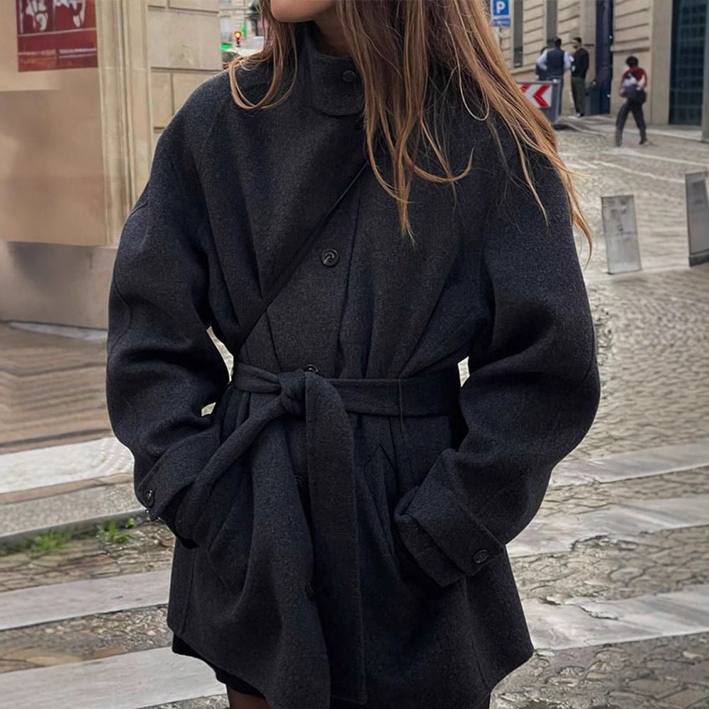 Solid Color Belted Wool Blend Coat for Women