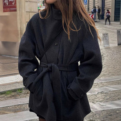 Solid Color Belted Wool Blend Coat for Women