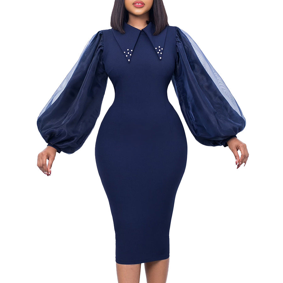 Pencil Skirt Dress With Beading And Mesh Panel