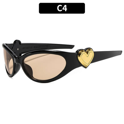 Trendy Oval Frame Sunglasses with Pink Heart Decoration