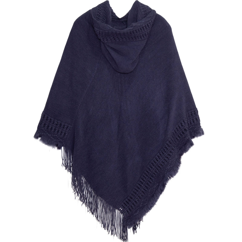 Summer Solid Color Hooded Shawl Women'S Knitting Outside With Spring And Autumn Travel Tassel Pullover Hooded Cape Shawl