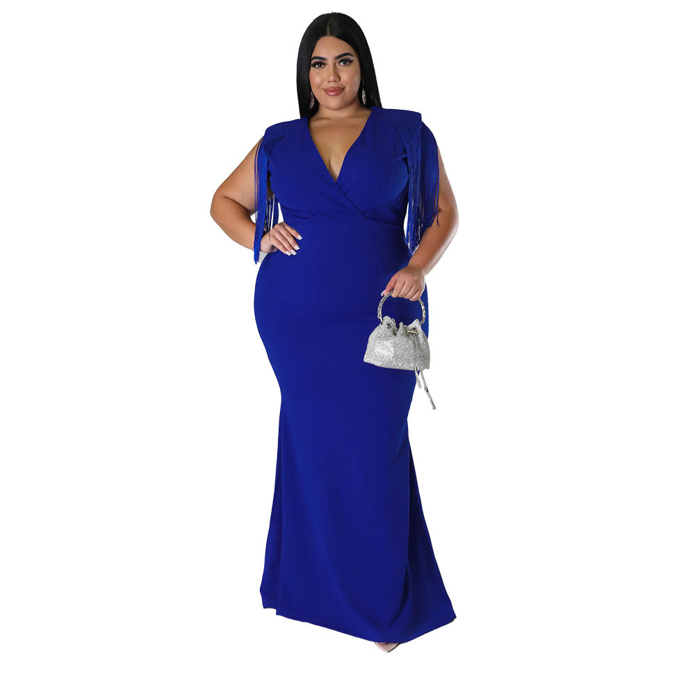 Elegant V-Neck Long Sleeve Dress With Fringe Detail