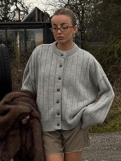 Casual Button-Down Knit Cardigan in Solid Colors