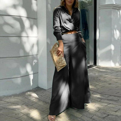 Casual Wide-Leg Pants Set with Pockets in Solid Colors