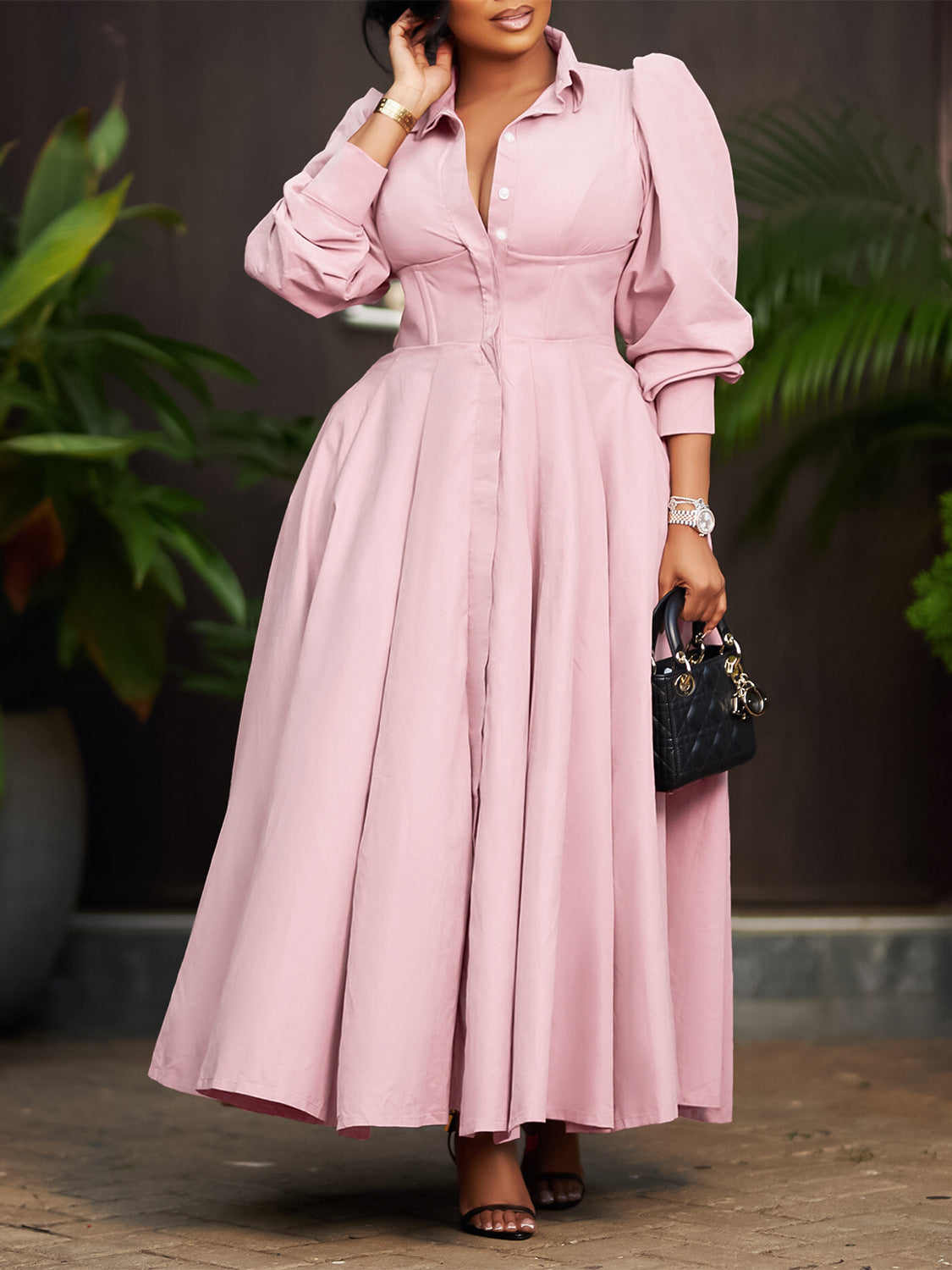 Elegant Long Sleeve Midi Shirt Dress In Solid Colors