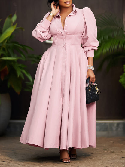 Elegant Long Sleeve Midi Shirt Dress In Solid Colors