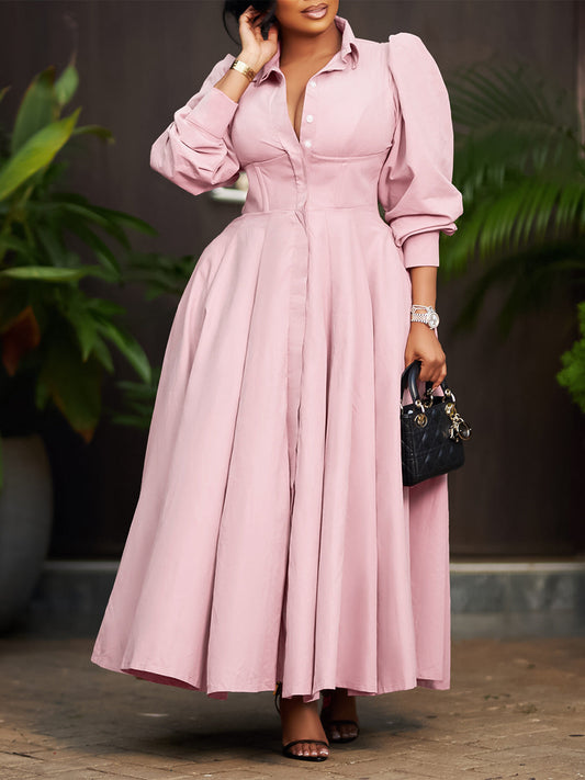 Elegant Long Sleeve Midi Shirt Dress In Solid Colors
