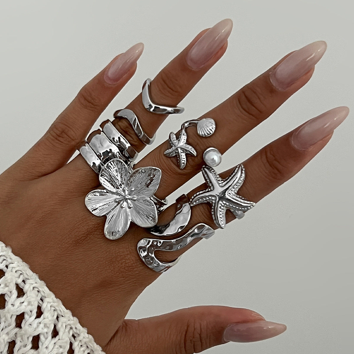 Starfish Shell Metal Ring Set Trendy Fashion Jewelry