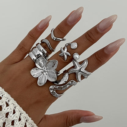 Starfish Shell Metal Ring Set Trendy Fashion Jewelry