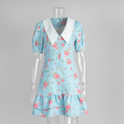French V-Neck Puff Sleeve Dress Floral Print A-Line Midi Dress