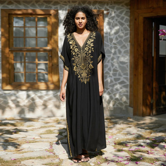 New Black Cotton Gold Thread Embroidered Beach Blouse Robe-Style Embroidered Vacation Bikini Blouse