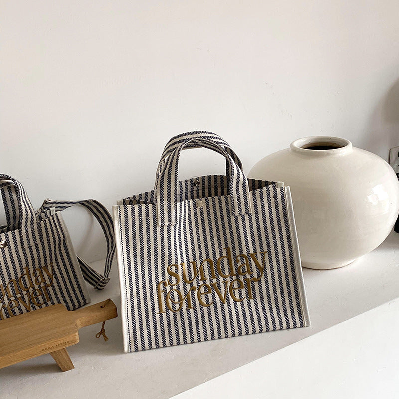 Trendy Stripe Canvas Tote Bag Large Capacity