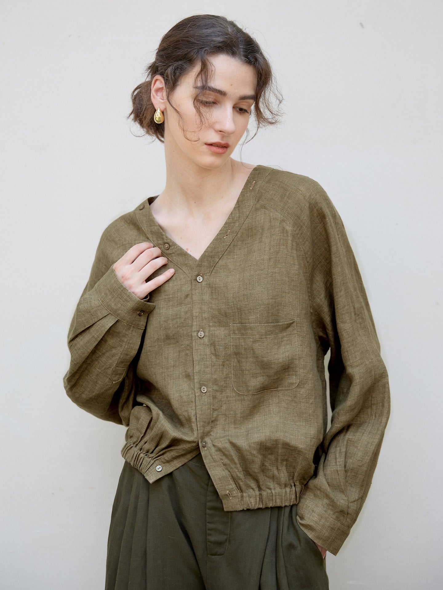 V-Neck Loose Linen Long Sleeve Shirt Stylish Retro Design