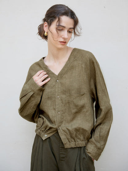 V-Neck Loose Linen Long Sleeve Shirt Stylish Retro Design
