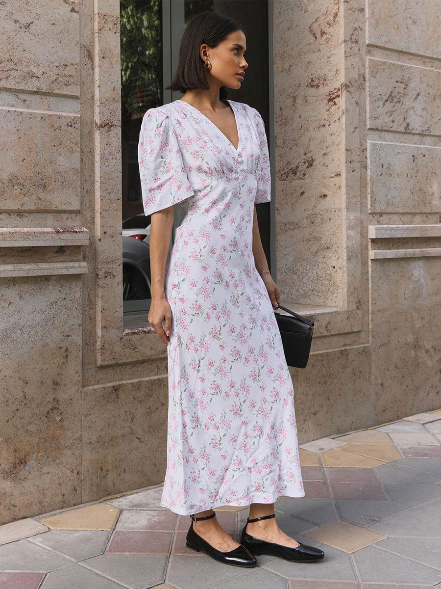 Floral Maxi Dress V-Neck Short Sleeve Elegant Casual