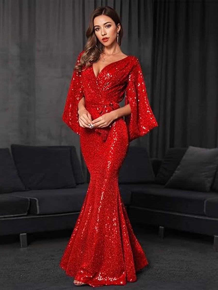 Elegant V-Neck Sequin Maxi Dress With High Split