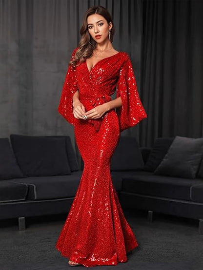 Elegant V-Neck Sequin Maxi Dress With High Split