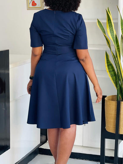 Elegant High-Waisted A-Line Dress Solid Color Casual Dress