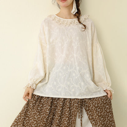 Sweet Plain Embroidered Lantern Sleeve Top Casual Loose Blouse