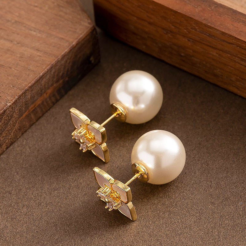 Delicate Shell Clover Pearl Earrings Elegant Silver Studs